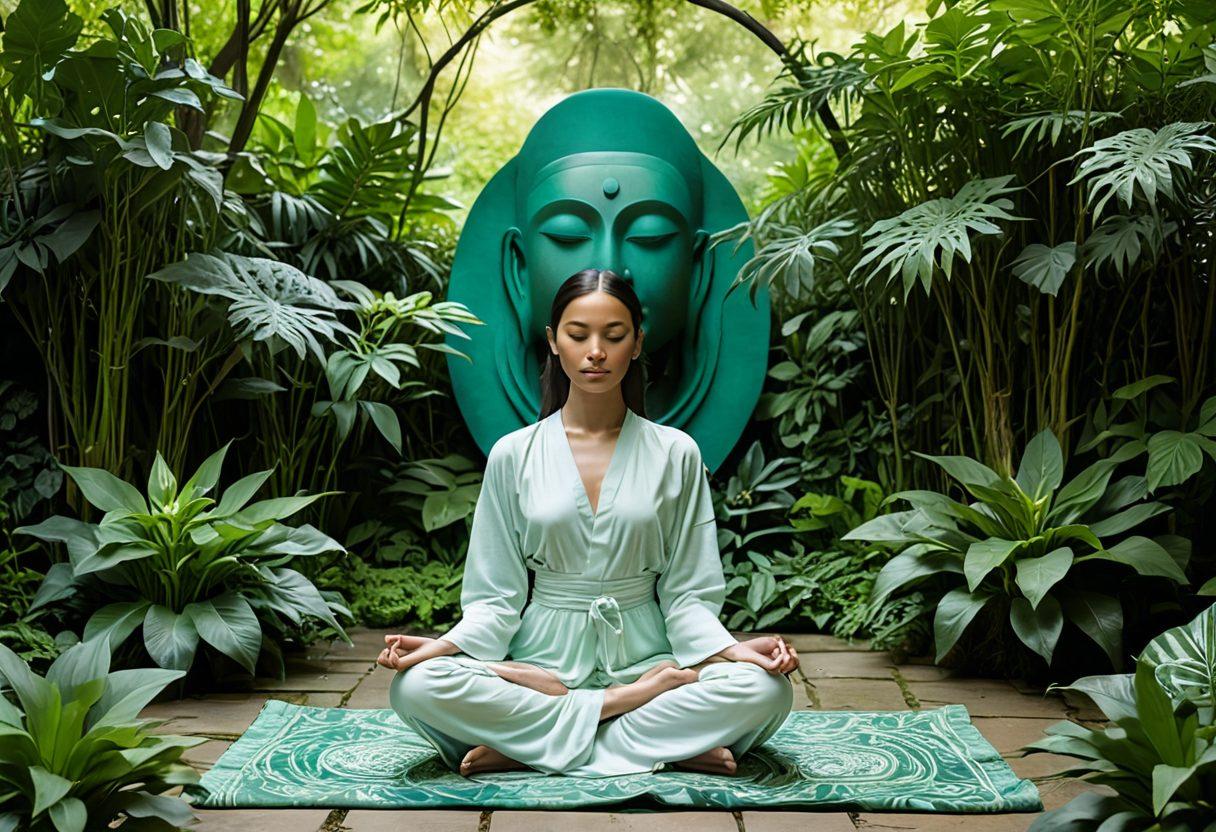 A harmonious blend of sensuality and spirituality, featuring a tranquil figure meditating in a lush green garden, surrounded by abstract representations of fetish art elements like intricate masks and vibrant fabrics. Soft, ethereal light illuminating the scene, conveying a sense of mindfulness and deeper understanding. Elements of warmth and intimacy, juxtaposed with nature's serenity. A gentle color palette that promotes calmness and contemplation. super-realistic. vibrant colors. ethereal ambiance.