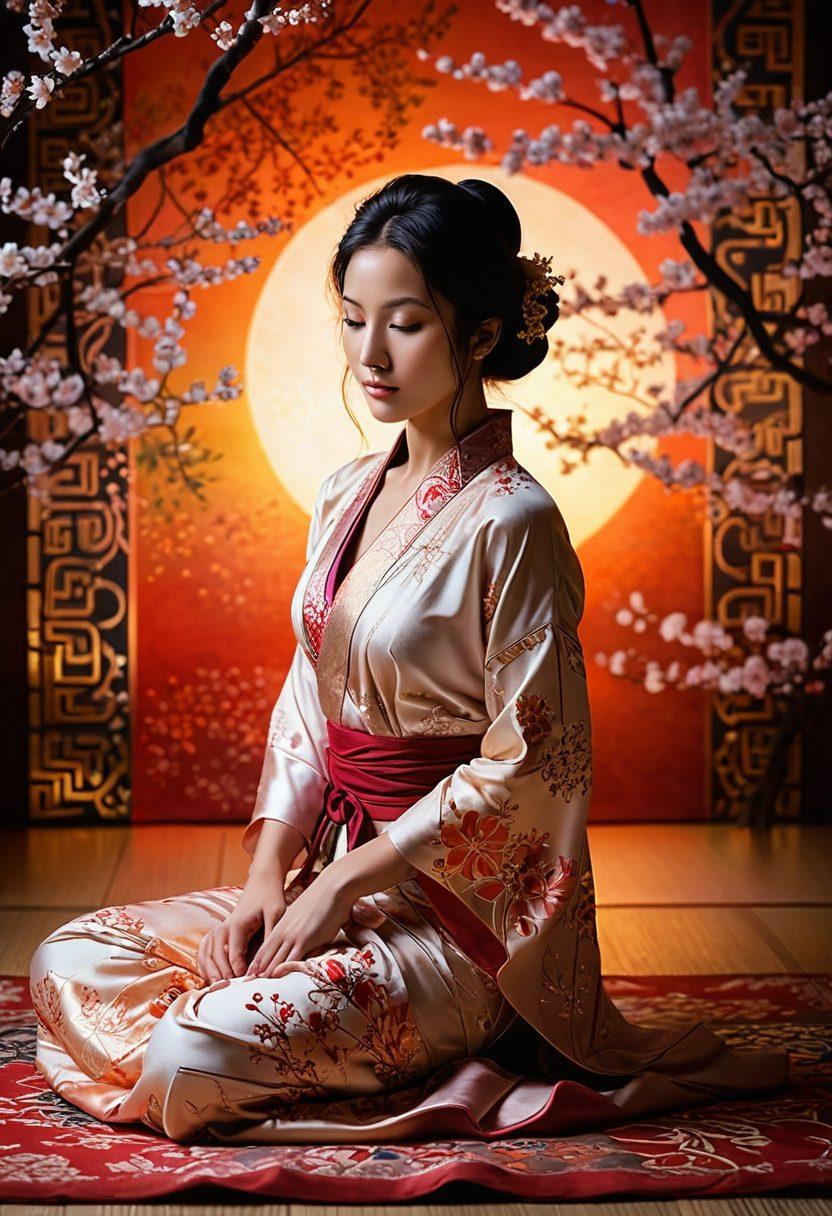 A harmonious blend of sensuality and spirituality, depicting a serene figure in a meditative pose surrounded by swirling colors and intricate tantric patterns. Elements of erotic art subtly integrated into nature with flowing fabrics and soft lighting, creating a tranquil yet alluring atmosphere. Include hints of traditional Japanese themes and motifs, with a dreamlike quality to the scene. Vibrant colors. surreal art. ethereal background.